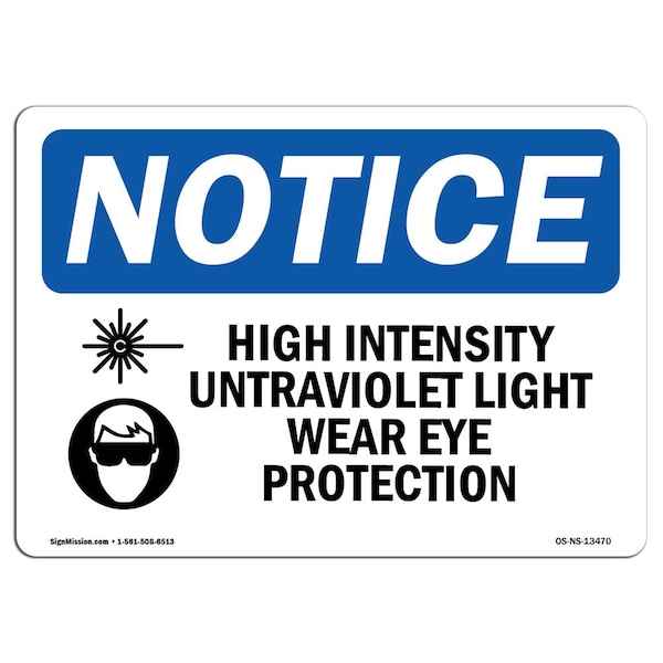Safety Sign, OSHA Notice, 12" Height, High Intensity Ultraviolet Light Sign With Symbol, Landscape